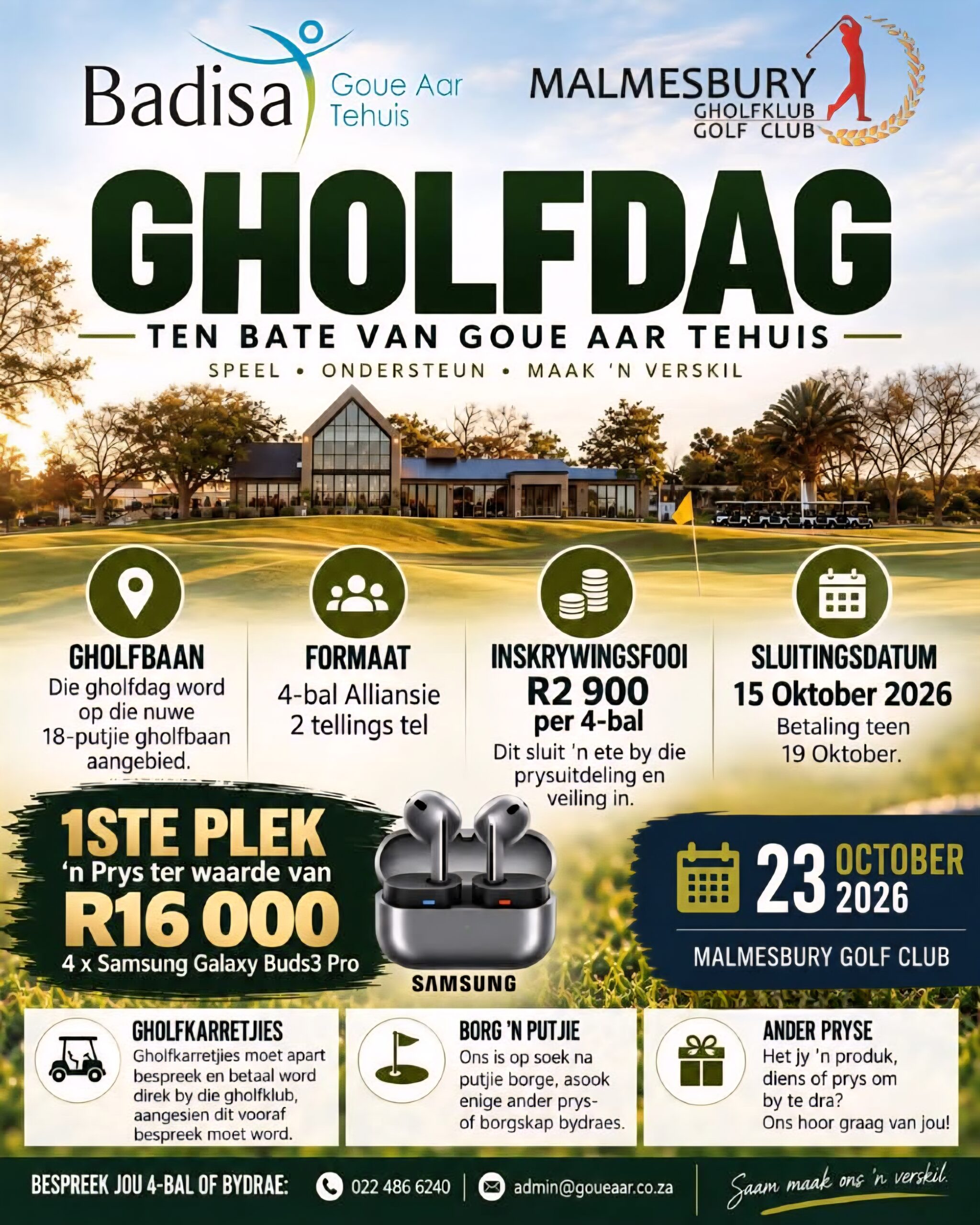 Merk 23 Oktober 2026 op jou kalender vir die Goue Aar Tehuis se Fondsinsamelingsgholfdag by die Malmesbury Gholfklub. Bespreek jou 4-bal of raak betrokke as borg en help ons om 'n verskil te maak. Vir besprekings of borgskap, skakel 022 486 6240 of e-pos yolandy@goueaar.co.za. Besoek ook die Avontuurkalender by perronfm.co.za vir meer.