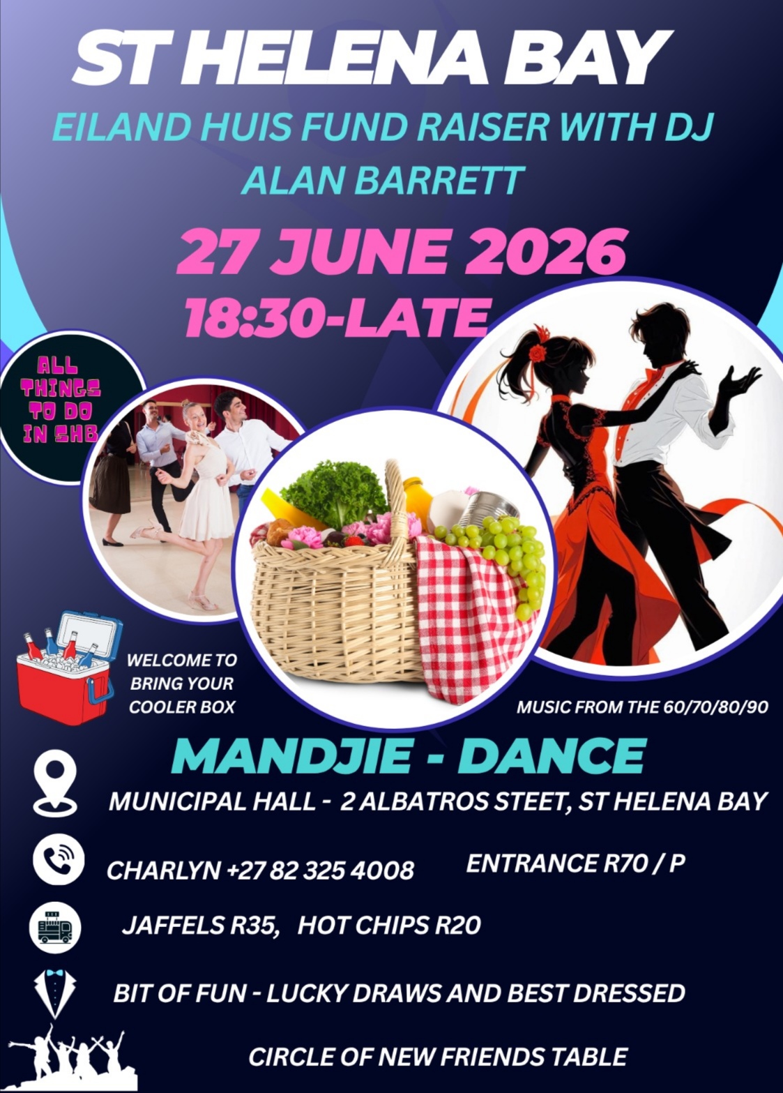 Get ready for an unforgettable evening at the St. Helena Bay fundraiser on the 27th of June, featuring the amazing DJ Alan Barrett! Join us at the St. Helena Bay Municipal Hall from 18:30 till late for a night filled with music, fun, and community spirit. Entrance is just R70 per person. Indulge in delicious jaffels and hot chips while you enjoy the festivities. Don’t miss out on the exciting lucky draws and a chance to win the best dressed competition! For bookings and more information, please contact Charlyn at 082 325 4008. Come support a great cause and have a fantastic time! 