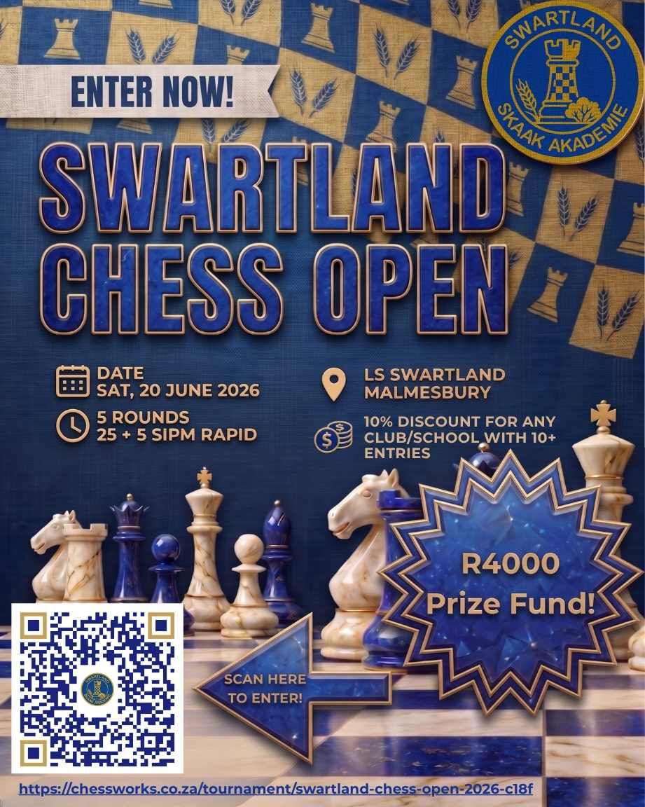 Ons sien uit daarna om almal by ons eerste toernooi op Saterdag 20 Junie by Laerskool Swartland te verwelkom! Hierdie geleentheid is oop vir enigiemand wat die reis na Malmesbury kan maak en belangstel om deel te neem. Dit is 'n wonderlike geleentheid vir skaakliefhebbers om hul vaardighede te wys en teen ander entoesiaste mee te ding. Vir meer besonderhede oor hoe om in te skryf en ander relevante inligting, besoek gerus ons webwerf by hierdie skakel (https://chessworks.co.za/tournament/swartland-chess-open-2026-c18f) of kontak Elke by 083 353 1220. Ons hoop om jou daar te sien!