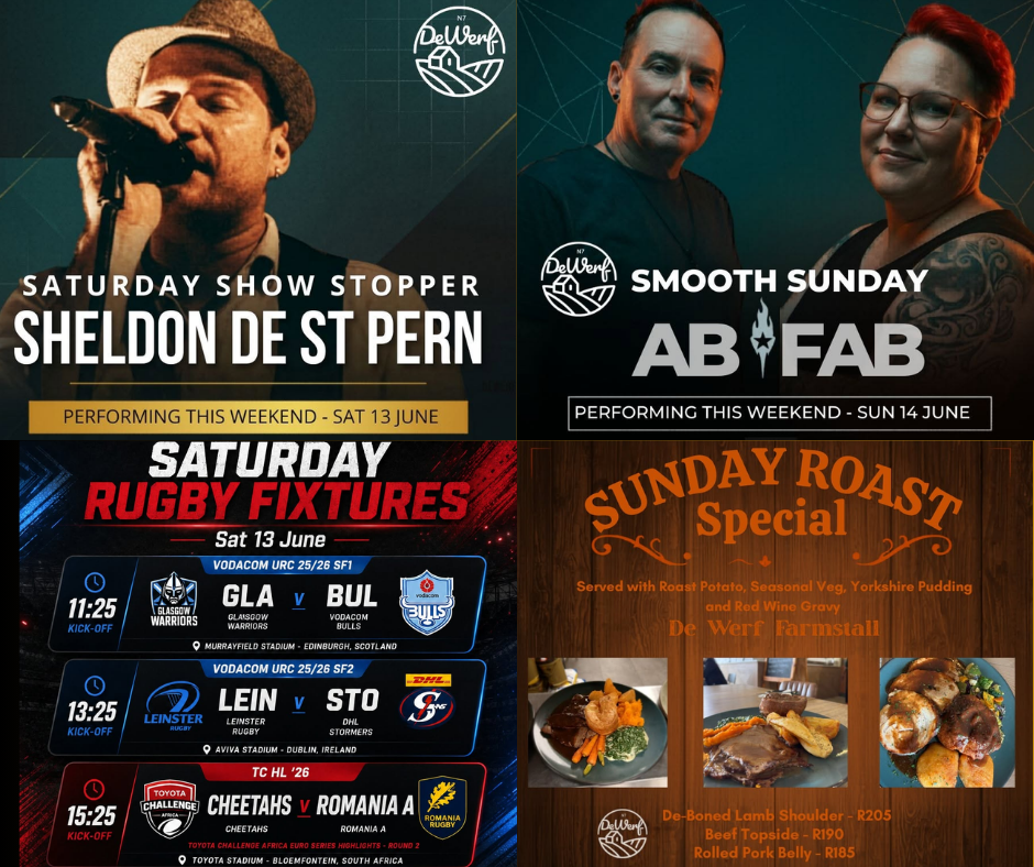 Join us for an unforgettable weekend at De Werf, packed with delicious food, live entertainment, and thrilling rugby action! On Saturday, 13 June, enjoy live music from Sheldon de St Pern while catching all the rugby fixtures on screen from 11:25. It’s the perfect opportunity to gather your friends, savor some delectable dishes, and enjoy a vibrant atmosphere. Then, on Sunday, 14 June, unwind with Smooth Sunday featuring ABFAB and indulge in our sumptuous Sunday Roast Special. Don’t miss out—book your table now and make the most of a fantastic weekend at De Werf!