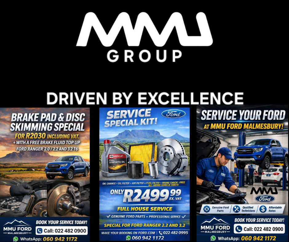 Get your Ford Ranger ready for the road with our exclusive brake pad and disc skimming special at MMU Ford Malmesbury. This offer comes with a complimentary brake fluid top-up. Applicable for Ford Ranger models 2.0, 2.2, and 3.2 T6, it's a perfect opportunity to ensure your vehicle's braking system is in top-notch condition. Don’t miss out—book your service today, as this special ends on June 30th. For more information or to schedule your appointment, call us at 022 482 0900 or send a WhatsApp message to 060 942 1172. Drive safely with MMU Ford Malmesbury!