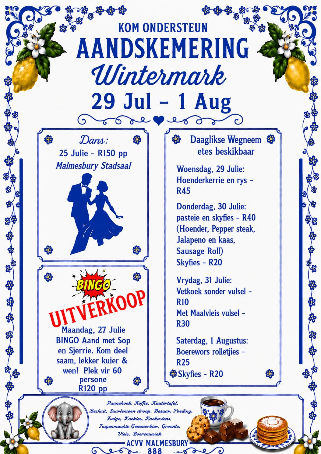 ACVV Aandskemering Tehuis vir ouer persone in Malmesbury hou hierdie jaar weer 'n Wintermark. Die dans op die 25ste Julie beloof om 'n opwindende aand te wees. Vanaf 29 Julie kan die gemeenskap ook die tehuis steun deur kos aanlyn te bestel. Die groot markdag op 1 Augustus is 'n moet-besoek, met iets vir almal, van vars produkte tot vermaak soos boeremusiek. Dit is 'n wonderlike geleentheid om die gemeenskap te ondersteun terwyl jy 'n prettige tyd het! Vir meer inligting kontak gerus 022 482 1466, of volg ons op ons Facebook blad vir daaglikse opdaterings. Besoek ook die PERRONFM avontuurkalendar vir meer besonderhede. 