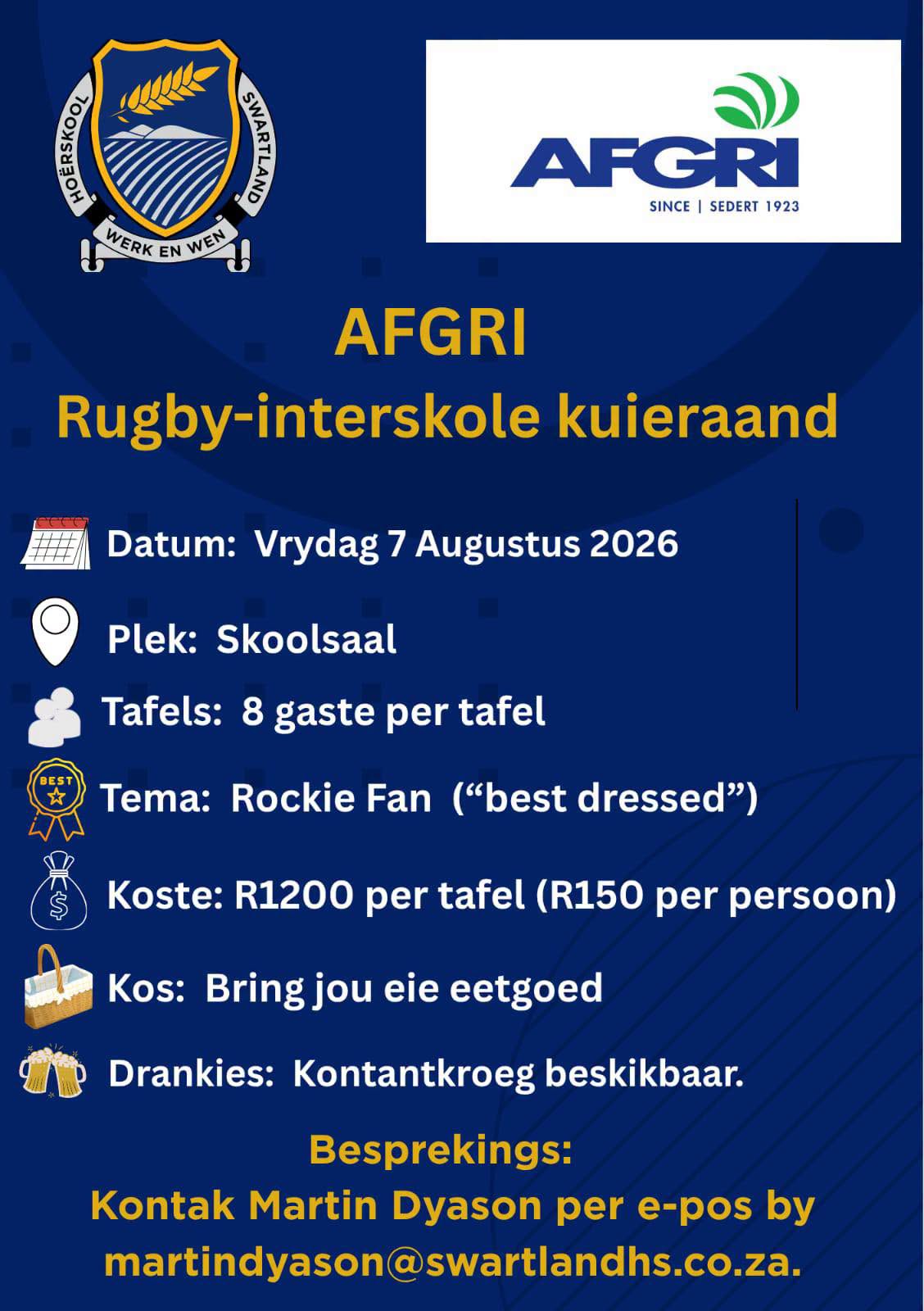 🏉 AFGRI Rugby-Interskole Kuieraand! Bou saam gees vir Interskole op Vrydag 7 Augustus in Hoërskool Swartland se skoolsaal. Geniet 'n aand van lekker kuier, dans, 'n sportvasvra en uitstekende geselskap. Bespreek jou plek deur 'n e-pos te stuur na martindyson@swartlandhs.co.za. Vir nog besonderhede, besoek die Avontuurkalender by perronfm.co.za.