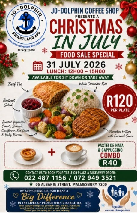 KERSFEES IN JULIE – 'N FEES VAN GEURE, HARTLIKHEID EN HOOP! Hierdie Vrydag, 31 Julie 2026, nooi Jo-Dolphin Coffee Shop jou om die warmte van Kersfees in die middel van die winter saam met ons te beleef. Sit en geniet die gesellige atmosfeer, of bestel as wegneemete – die keuse is joune! 𝑽𝑶𝑶𝑹𝑨𝑭𝑩𝑬𝑺𝑻𝑬𝑳𝑳𝑰𝑵𝑮𝑺 𝑰𝑺 𝑵𝑶𝑶𝑫𝑺𝑨𝑨𝑲𝑳𝑰𝑲! Dit is slegs 𝐑𝟏𝟐𝟎 𝐩𝐞𝐫 𝐛𝐨𝐫𝐝. Bestel by 022 487 1156 of Whatsapp 072 949 3521. Bestel betyds om teleurstelling te voorkom!