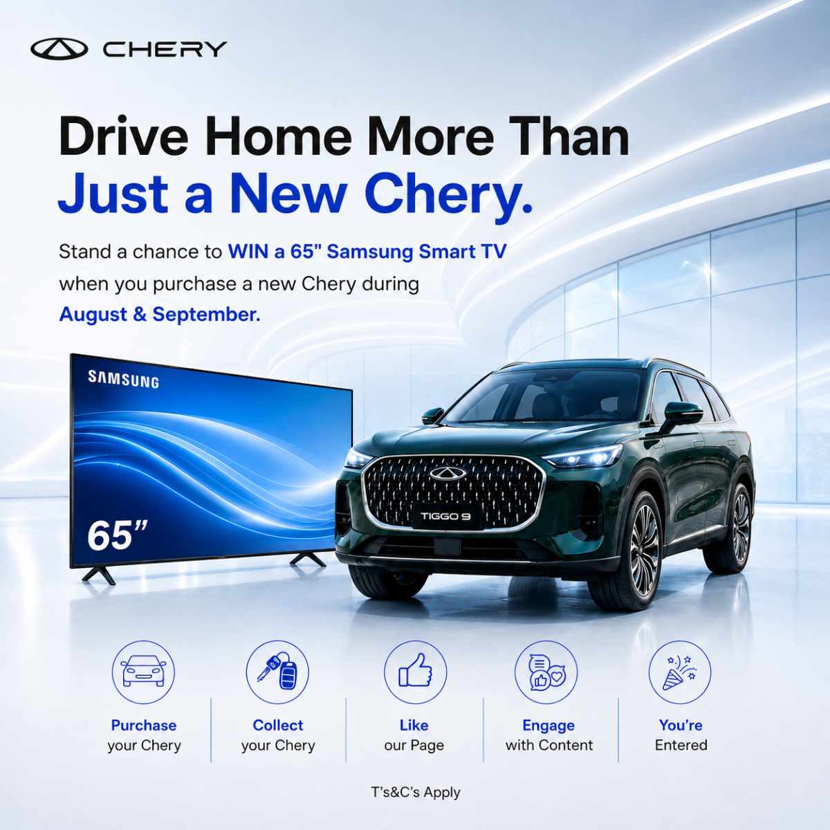 This exciting promotion offers a fantastic opportunity to win a 65" Samsung Smart TV! By purchasing a new Chery from either Fuzion Chery Malmesbury or Fuzion Chery West Coast this September, you can enter this contest. To participate, first, take delivery of your new vehicle. Then, like the Fuzion Chery Facebook page and ensure you like and share your posted delivery photo. Be sure to review the terms and conditions for full details, as this offer is exclusive to Fuzion Chery. Don't miss out on the chance to enhance your home entertainment setup with this incredible prize!