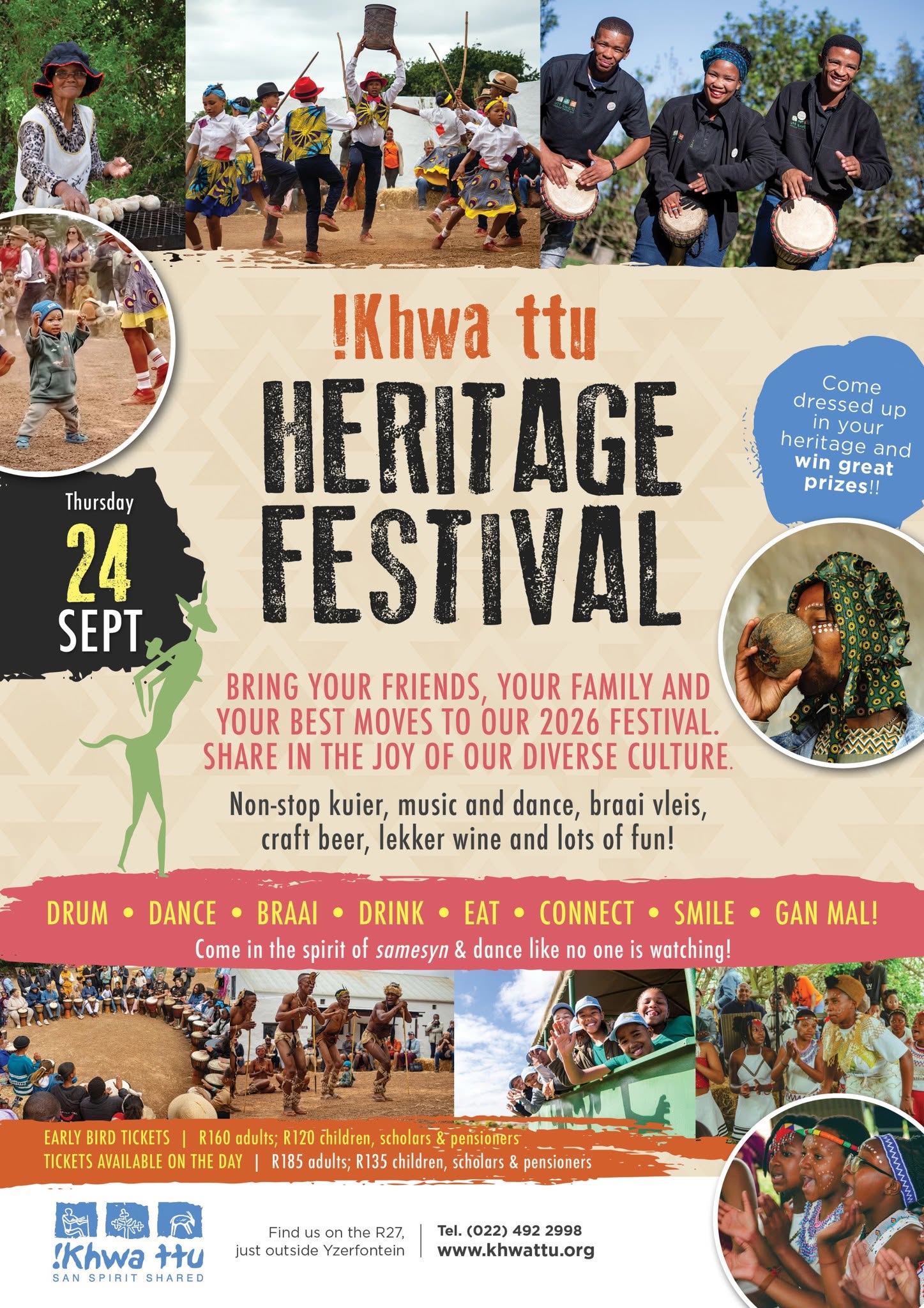 This Heritage Day, Thursday, 24 September 2026, 09:00 - 17:00, join us for an unforgettable celebration of culture, community and connection at !Khwa ttu. Get ready for a day filled with non-stop kuier, music and dance, lekker braai, craft beer, great wine and beer(alchohol not for sale to persons under the age of 18), delicious food and loads of fun in the beautiful surroundings of the West Coast. Book now: https://secure.activitybridge.com/book?activityid=17499... or via bookings@khwattu.org or call 022 492 2998. 