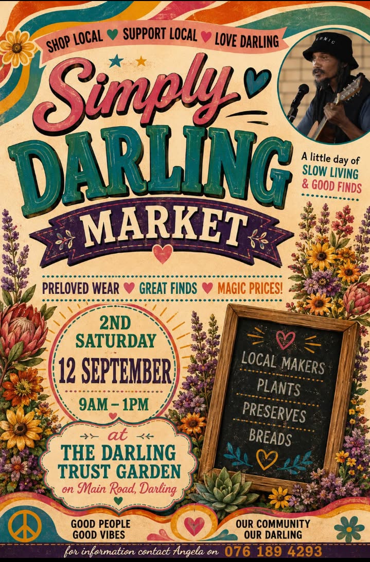 Join us on Saturday 12 September from 9am–1pm for the Simply Darling Market! Expect local artisans, delicious homemade treats and unique crafts - all at The Darling Trust Garden.. Come support local and enjoy a relaxed day out with family and friends. For more information contact Angela, 076 189 4293. See you there!