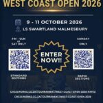 Swartland Chess Academy presents: West Coast Open 2026. Join us from 9 - 11 October 2026 at Laerskool Swartland Malmesbury for an exciting weekend of chess! To register please use the provided link: https://chessworks.co.za/tournament/west-coast-open-2026  For more information, contact Elke Fuhri at 083 353 1220 