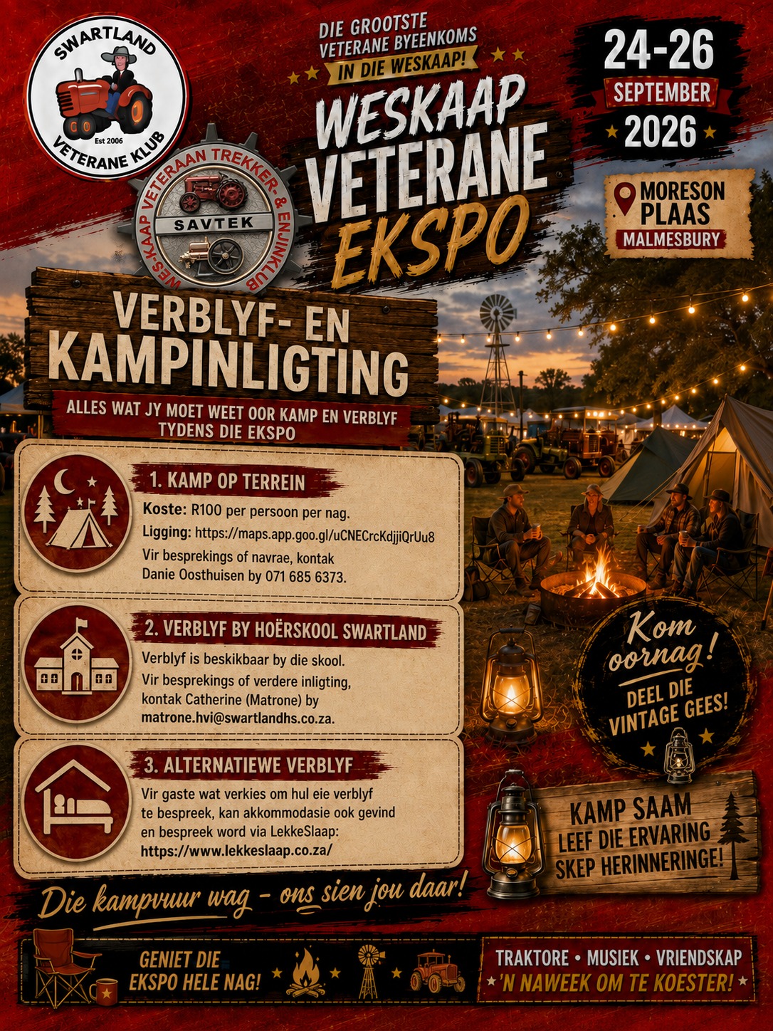 Hoor jy dit? Dis die verlede wat weer lewe kry!    24 tot 26 September is dit die Weskaap Veterane Ekspo op Môreson Plaas, Malmesbury.   Veteraan trekkers, voertuie, enjins, militêre uitstallings, musiek, kos, stalletjies en pret vir die hele familie!   Weskaap Veterane Ekspo — van toe, vir nou, vir altyd.   Navrae: Pieter — 082 784 7133. Besoek ook die Perronfm Avontuur Kalender vir meer.
