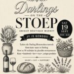 Saterdag 19 September is dit Darlings on the Stoep in Darling. By plaaslike besighede – kunstenaars, entrepreneurs, kuns, kos en wyn. Gratis hop-on hop-off-bus. Volg die wit-en-swart vlae. Nege tot vier. Alles gratis. Waar die hele dorp die mark is. Kom kuier saam. Besoek ook die Perronfm avontuur kalender vir meer. Ons Speel Wat Ons Wil.