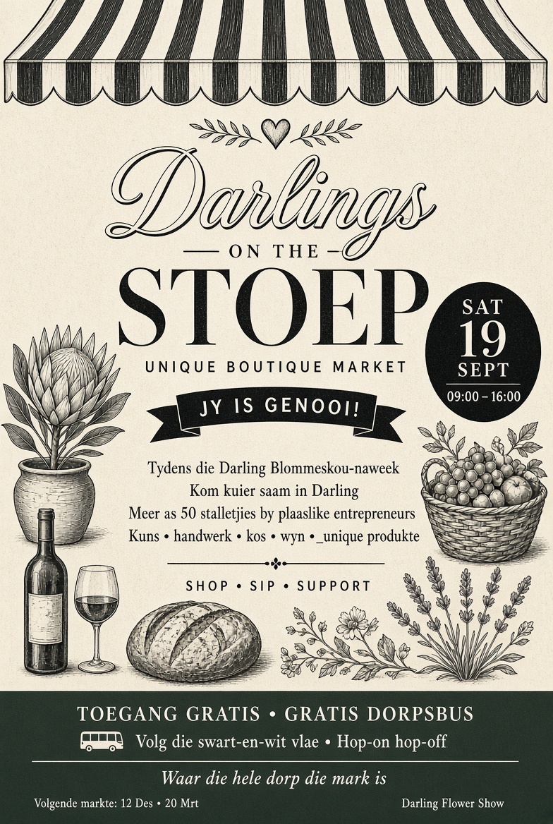 Saterdag 19 September is dit Darlings on the Stoep in Darling. By plaaslike besighede – kunstenaars, entrepreneurs, kuns, kos en wyn. Gratis hop-on hop-off-bus. Volg die wit-en-swart vlae. Nege tot vier. Alles gratis. Waar die hele dorp die mark is. Kom kuier saam. Besoek ook die Perronfm avontuur kalender vir meer. Ons Speel Wat Ons Wil.