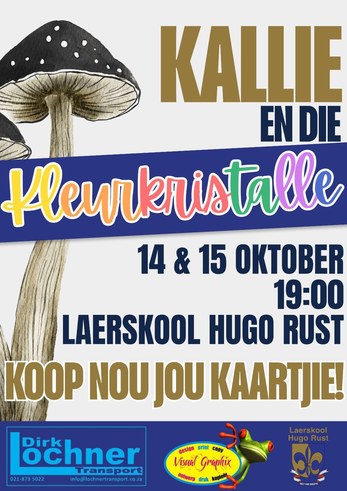 Maak gereed vir 'n toweragtige aand vol kleur en avontuur met Kallie en die Kleurkristalle! Die magie kom na Laerskool Hugo Rust in Wellington op 14 en 15 Oktober om 19:00. Almal is welkom om hierdie ongelooflike storie te kom beleef. Kaartjies is slegs R120 elk en is beskikbaar aanlyn by hugorust.wetickets.co.za . Moenie hierdie spesiale geleentheid misloop nie - kry jou kaartjies vandag nog!
