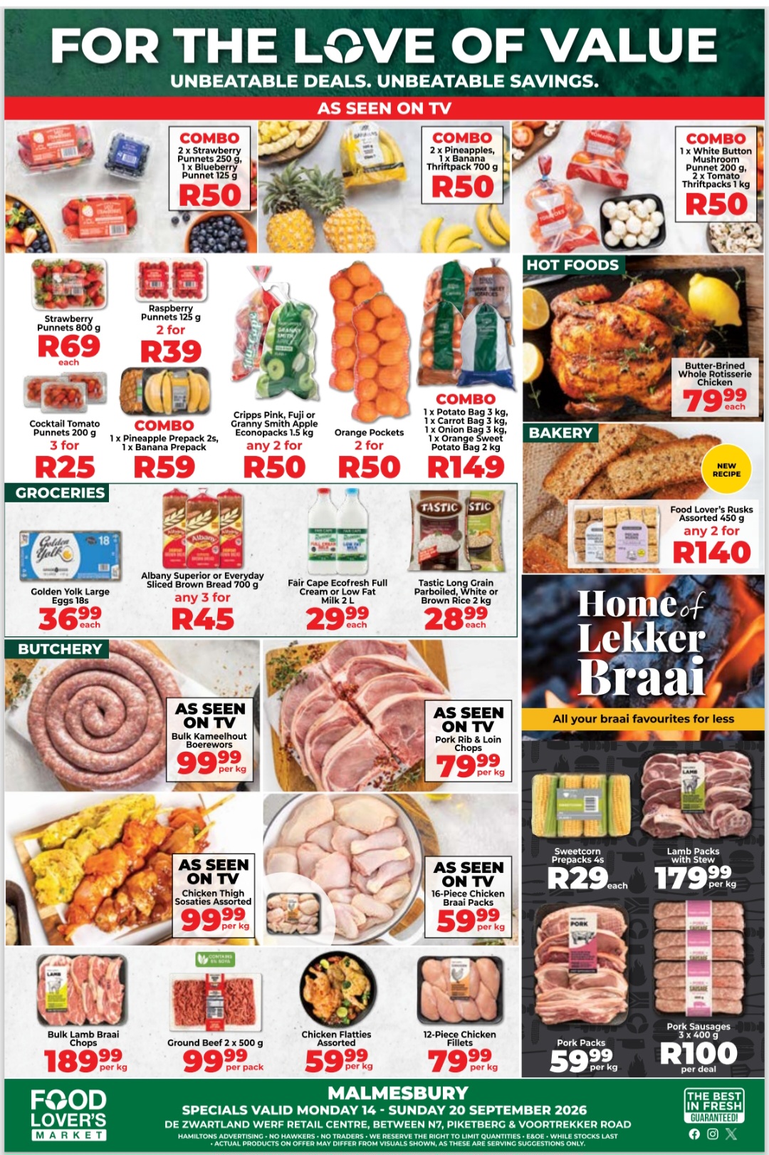 For the love of value! > Get unbeatable deals and unbeatable savings, NOW at Food Lover's Market, De Zwartland Markt, Malmesbury! > Fresh produce, amazing quality, prices you will LOVE! > Hurry, specials are valid till Sunday, the 20th of September 2026. > Food Lover's Market De Zwartland Markt Malmesbury - For the love of value!