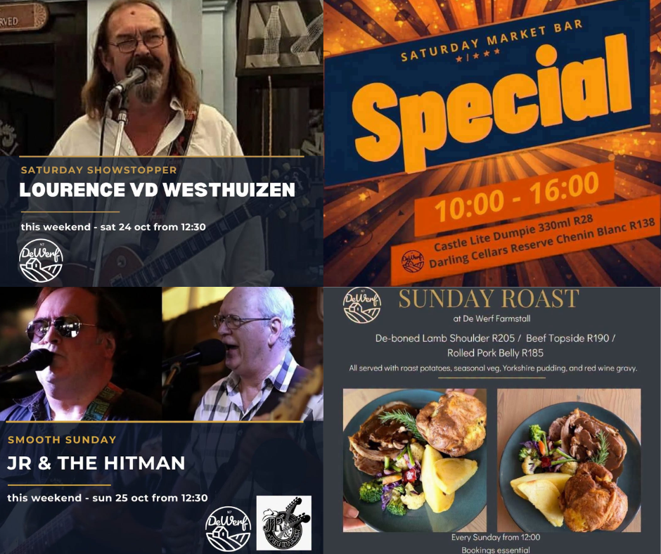 ONE WEEKEND. GREAT MUSIC. GREAT FOOD. GREAT VIBES!  There's no better place to spend your weekend than De Werf Farmstall!  We've got a fantastic lineup of live entertainment, Saturday specials and our famous Sunday Roast waiting for you!  Bookings essential for Sunday Roast!  Round up your friends, bring the family and make a weekend of it! Good music, cold drinks, delicious food and the welcoming atmosphere you love at De Werf.  De Werf Farmstall – Your weekend starts here