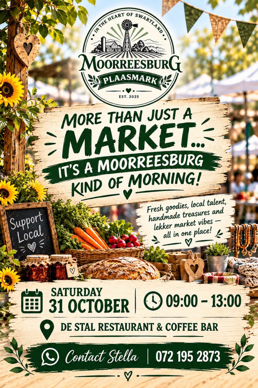 MORE THAN JUST A MARKET… IT'S A MOORREESBURG KIND OF MORNING!  Fresh goodies, local talent, handmade treasures and lekker market vibes — all in one place! Join us Saturday on the 31st of October at De Stal Restaurant and Coffee Bar for our morning market, starting from 09:00 till 13:00. Tag your market buddy!