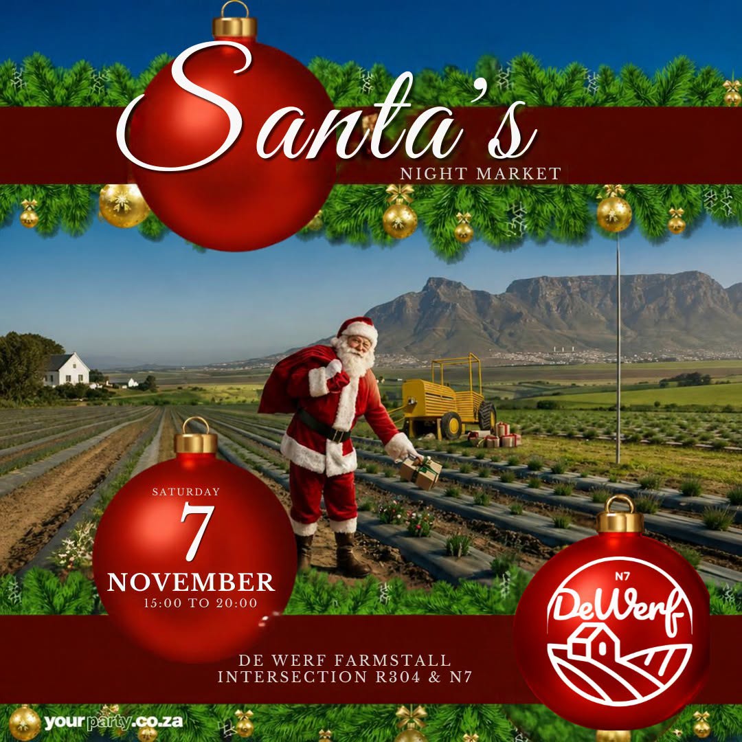 Join De Werf Farmstall for Santa's Night Market – a wonderful evening filled with festive fun, shopping, delicious food and Christmas magic for the whole family! Saturday, 7 November, 15:00 till 20:00. THERE'S NOTHING QUITE LIKE A FESTIVE NIGHT MARKET! TAG YOUR SHOPPING BUDDIES, SHARE THE FESTIVE CHEER & SPREAD THE WORD We can't wait to welcome you and your family to Santa's Night Market at De Werf!
