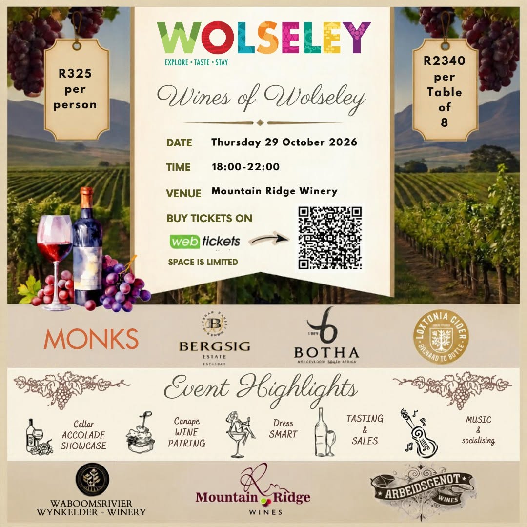 Wynliefhebber, kom geniet Wines of Wolseley op Donderdag 29 Oktober, van ses tot tien saans by Mountain Ridge Winery! Wynproe, lekker kos, musiek en kuier wag op jou. Kaartjies kos R325 per persoon, of R2 340 vir ’n tafel van agt. Bespreek by Webtickets — plek is beperk! Besoek ook die Perronfm Avontuurkalender vir meer